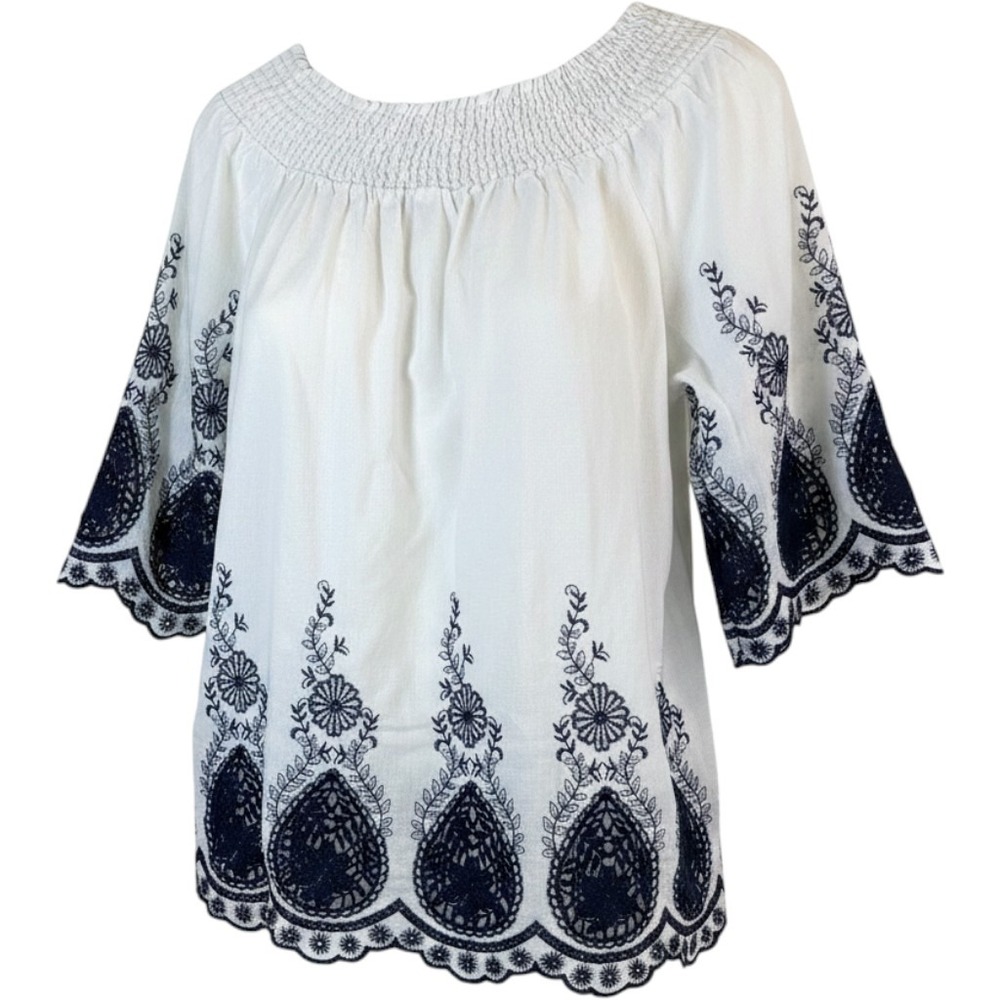 Studio West White Cotton Embroidered Eyelet Peasant Blouse‎ Navy Blue Large